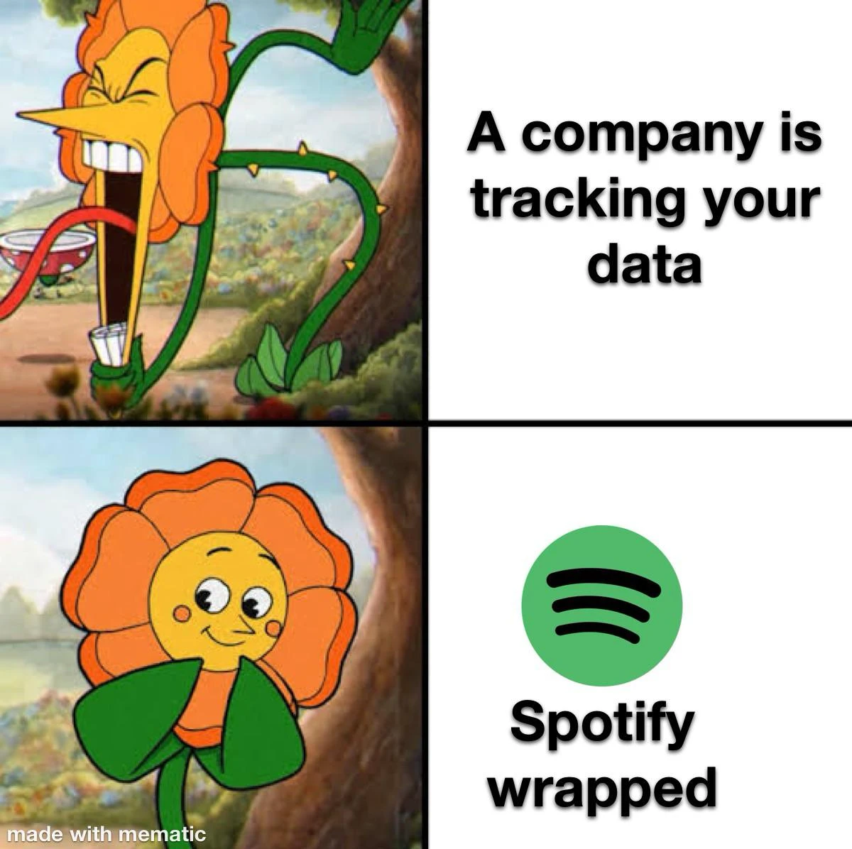 a company is tracking your data: aaaaaaaaaaa
Spotify wrapped: OwO